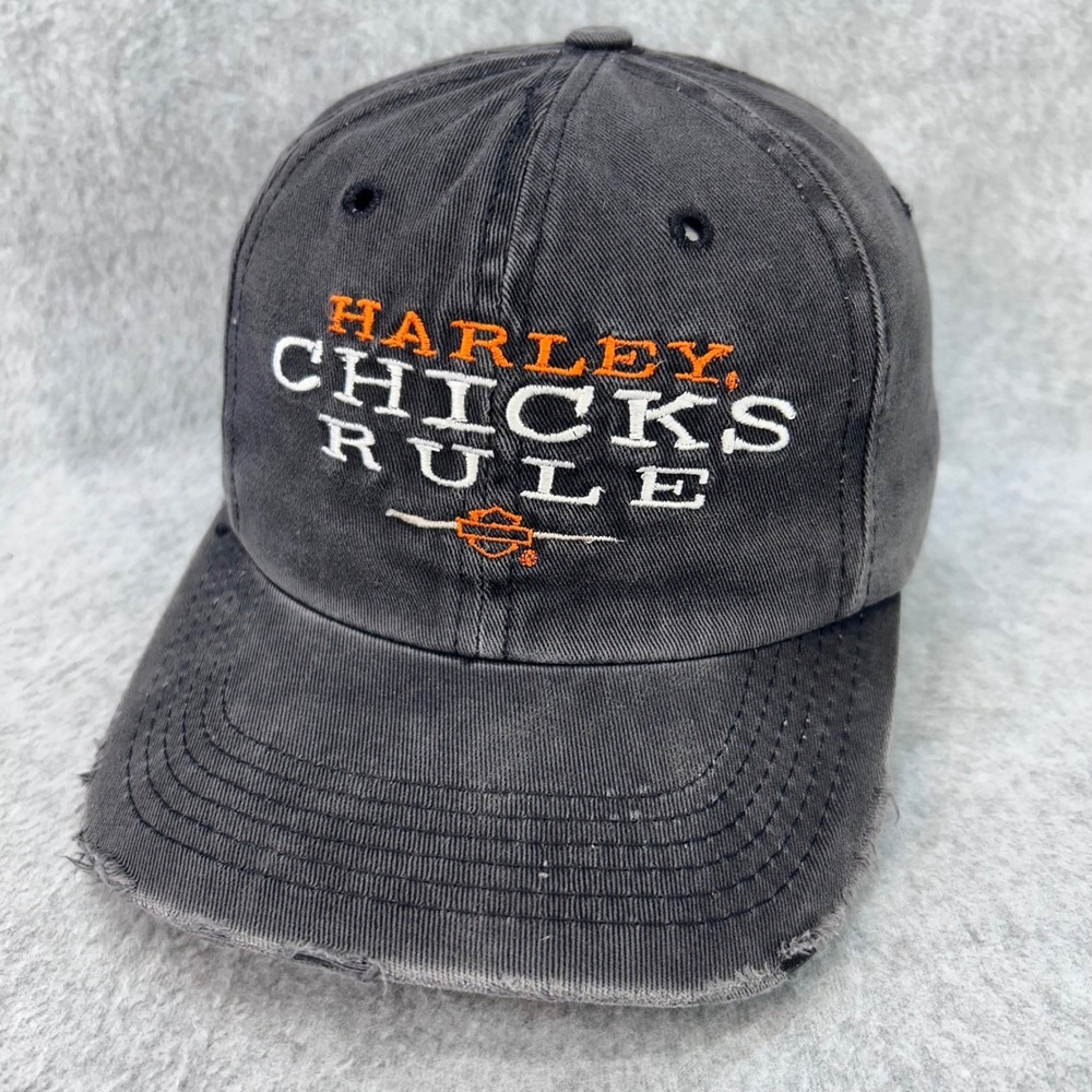 Harley Chicks Rule Womens Black Harley Davidson Hat Distressed Embroidered OSFA